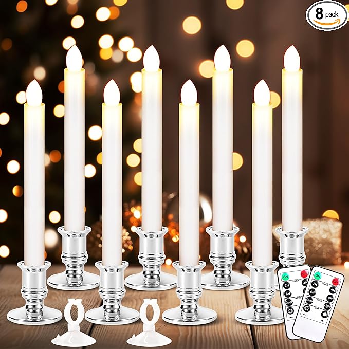8 Pack Christmas Window Candles, Battery Operated with Timer Remote, LED with Candle Holders Suction Cups, Flickering for Christmas Decorations, Silver