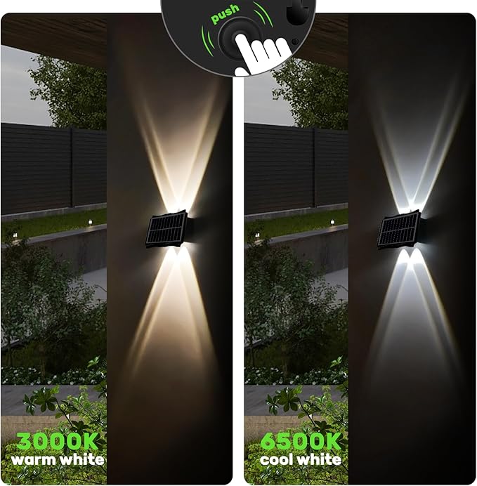 4LED Solar Wall Lights, Up and Down Lighting Solar Light Outdoor Waterproof IP65, 6500K/3000K Solar Fence Light for Yard Garden Garage Christmas Decorations (4 Pack)