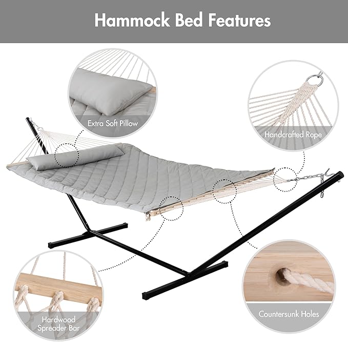 ANOW Double Rope Hammock with Stand 12FT, Heavy Duty Hammock with Polyester Pillow and Pad, 450 LBS Weight Capacity, Light Grey