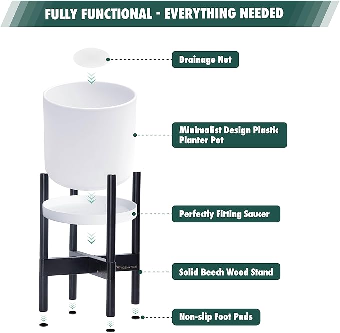 D'vine Dev Planter Pot with Stand - 12 Inch Plastic Cylinder Flower Pot with Wood Planter Holder for Indoor, Matte White Pot + Ebony Stand, 55-C-Q-1