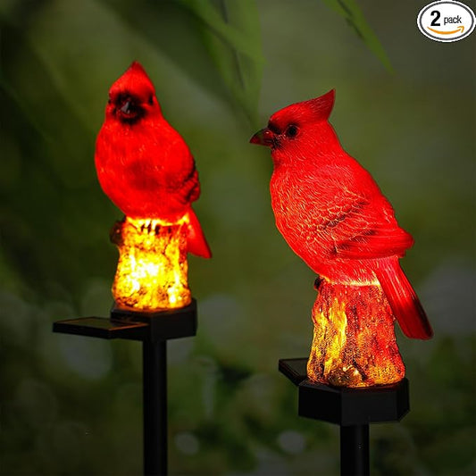 2 Pack Cardinal Solar Lights Cardinal Outdoor Decor Red Bird Solar Light Bird Figurine Garden Stake for Pathway Garden Lawn Yard Cemetery Decoration