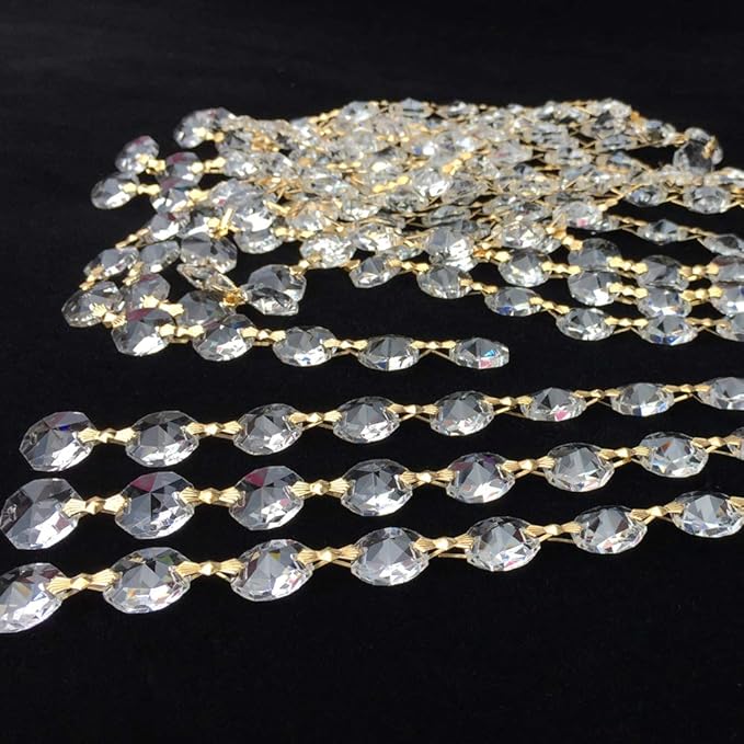 12.5 FT Crystal Glass Strand, Garland Octagon Beads Chandelier Crystal Prism Replacement for Hanging Clear with Golden Clips