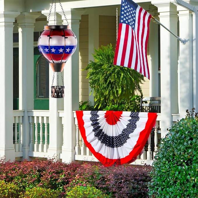 DREAMSOUL Flag Hot Air Balloon Solar Lantern, Glass Solar Lantern with Flickering Flame, Hanging Waterproof Solar Lanterns Outdoor Flag Day for Patio Decor, Fourth of July Decorations Christmas Gifts