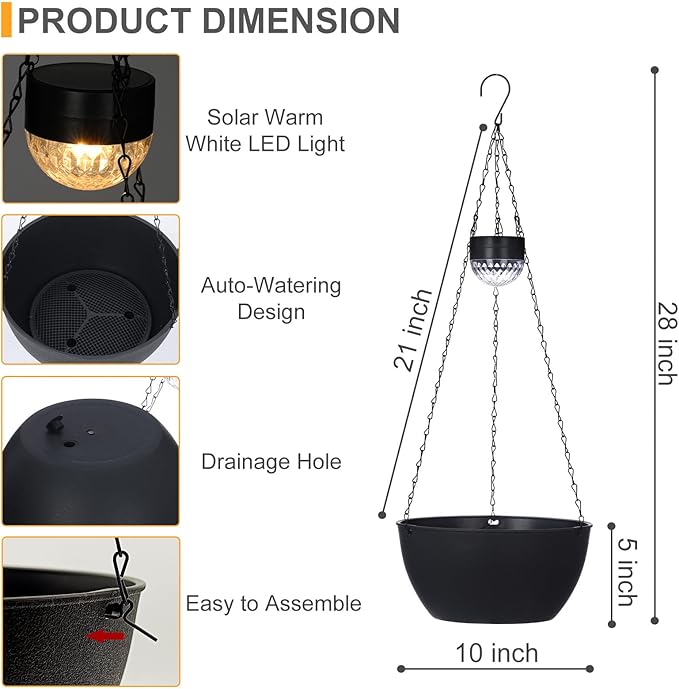 2 Packs Hanging Planters Basket for Outdoor Plants, Solar Powered Self Watering Black Round Plastic Flower Pots with Drainer for Balcony Patio Garden Outdoor Decoration