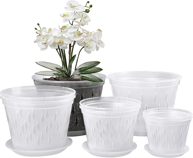 Orchid Plants- 2 Each of 4, 5, 6 and 7 inch- 8 Sets with Saucers, Orchid Pots with Holes and Clear Plastic Orchid Pots for Repotting