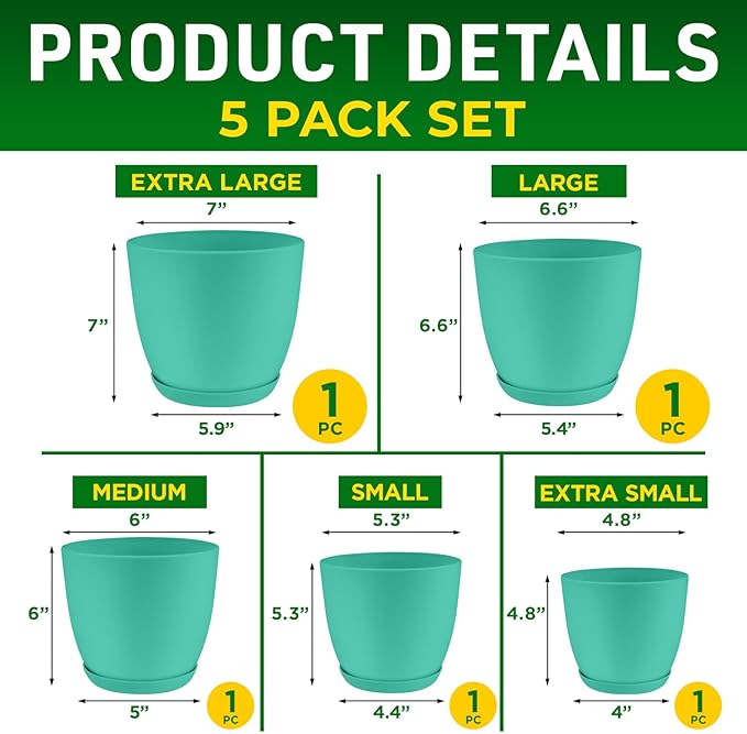 Planter Pots with Drainage Holes - Lightweight, Durable, and Space-Saving Pots for Indoor and Outdoor - Versatile Functionality, Simple Modern Design, Set of 5 Plastic Planter Pots - Aqua