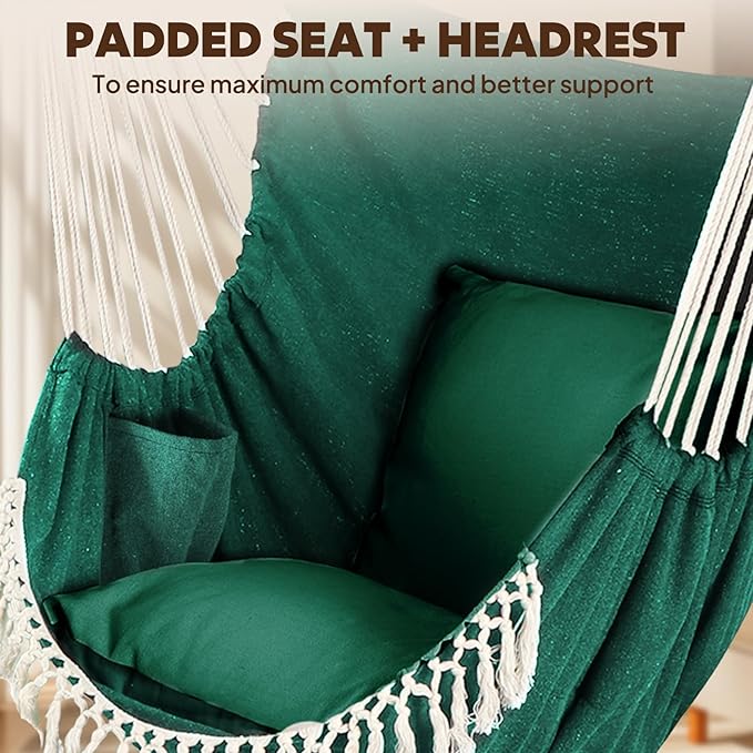 Chihee Hammock Chair Hanging Swing 2 Pillows Included,Strong Webbing Straps and Hooks for Easy Hanging Soft Cotton Hanging Chair Side Pocket Tassel Chair Comfort Indoor Outdoor