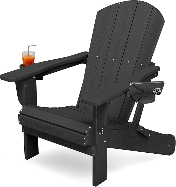 KINGYES Folding Adirondack Chair with Dual Cup Holders - HDPE All-Weather Outdoor Chairs, Black