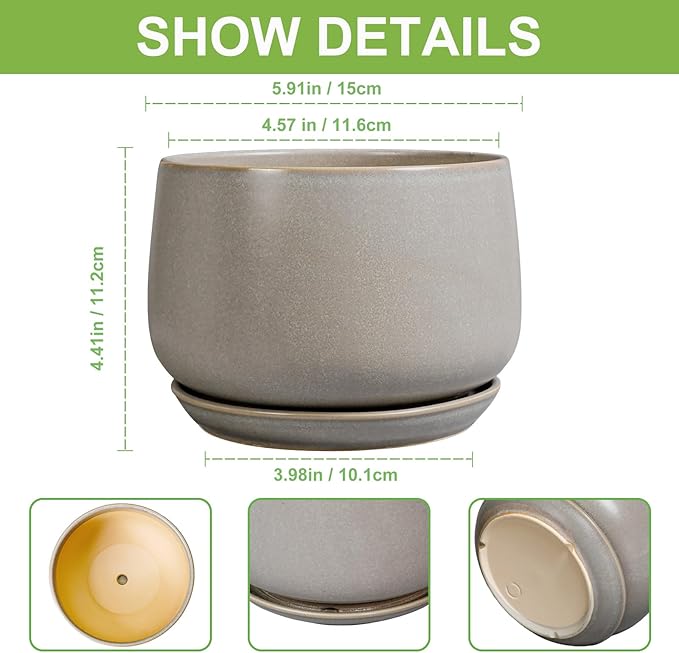 G EPGardening Ceramic Plant Pots - Round 6 Inch Modern Planter with Drainage and Plant Saucer Indoor Outdoor for Flower, Garden Decor, Gifts for Home, Retro Gray