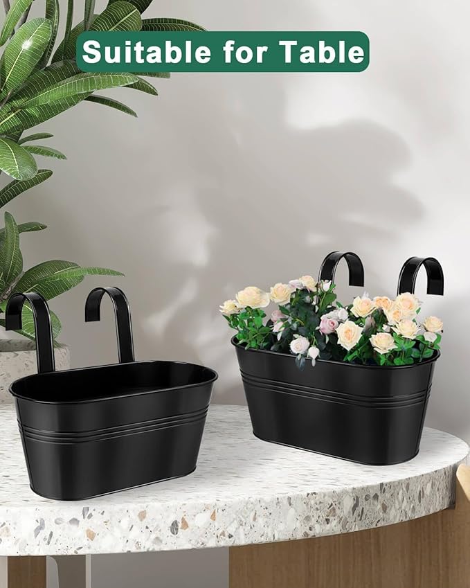 vensovo Metal Railing Planter for Outdoor Plants - 3 Pack Balcony Hanging Flower Pots with Detachable Hooks and Drain Holes Oval Bucket Rail Box Fence Planters for Home Garden Decor, Black