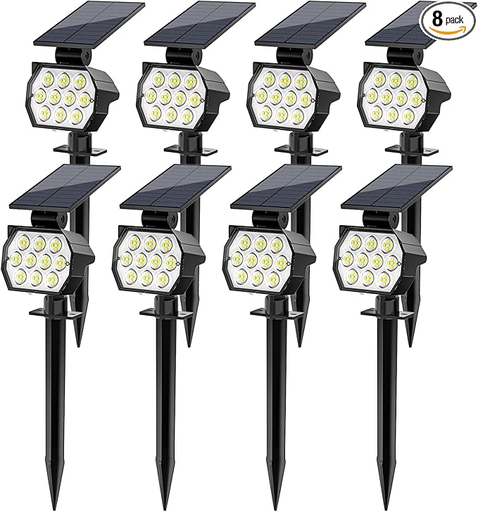 Solar Spot Lights Outdoor Waterproof IP67, 8 Pack - 50 LED Adjustable Solar Powered Landscape Spotlight with 3 Lighting Modes, Stake Light for Outside Yard Lawn Pathway Tree (Cool White)
