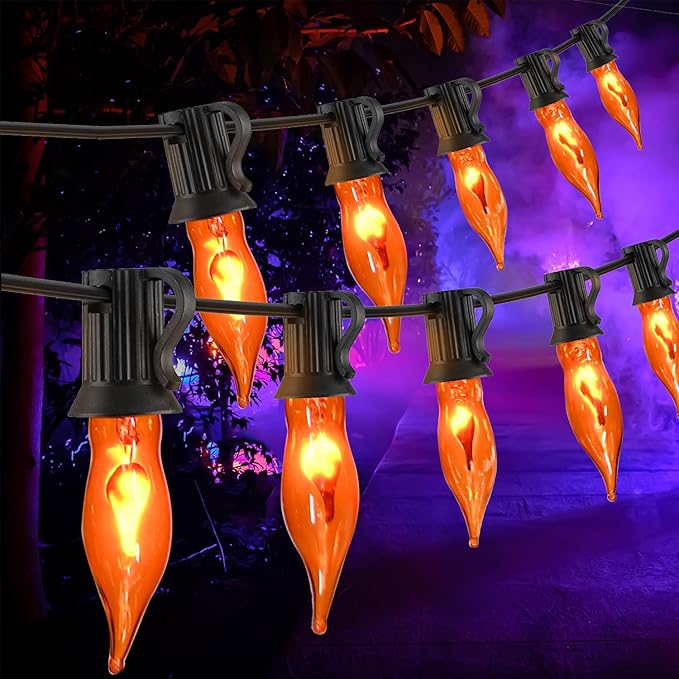 27.8Ft Flickering Flame String Lights Orange Halloween Lights with 25 Pack C7 Orange Flame Light Bulbs, Orange Flame String Lights for Halloween Decorations for Home Party Yard (2 Spare Bulbs)