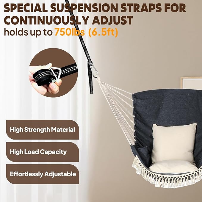 Chihee Hammock Chair Hanging Swing 2 Pillows Included,Strong Webbing Straps and Hooks for Easy Hanging Soft Cotton Hanging Chair Side Pocket Tassel Chair Comfort Indoor Outdoor Dark Grey