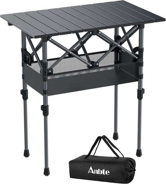 Folding Camping Table, Aluminum Roll Up Camping Table Adjustable Height with Storage Net and Bag, Lightweight Outdoor Table 25” X 16”, for Outdoor Travel BBQ Party Picnic, Black