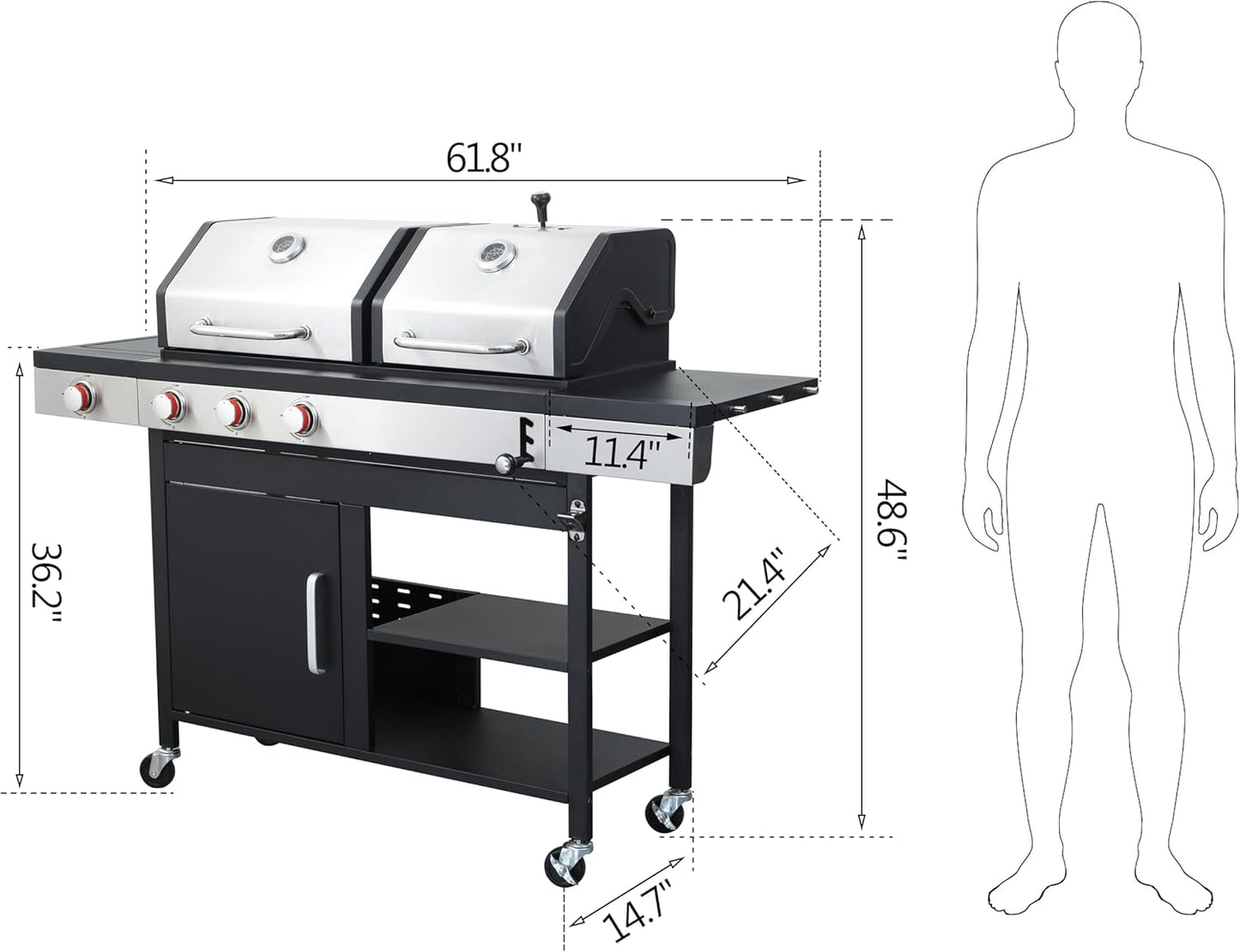 3-Burner Propane Gas BBQ Grill with Side Burner and Charcoal Grill Combo, 37,230 BTU, Enameled Cast Iron Grates, Stainless Steel Outdoor Grill for Patio and Backyard