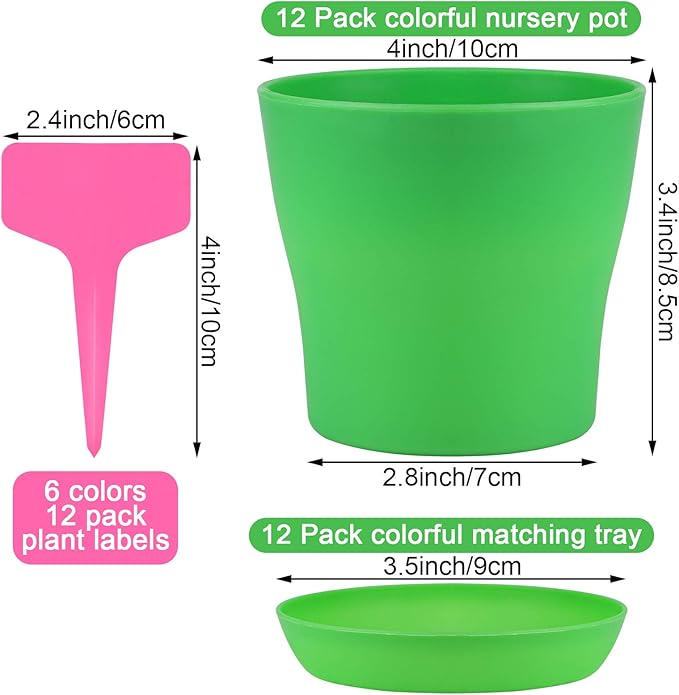 ADXCO 12 Pack 4 Inch Plastic Planters Flower Plant Pots Multi Color Flower Seedling Nursery Pots Thick Outdoor Indoor Plants for Your Room, Office, Garden Decor with Pallet, 8 Colors