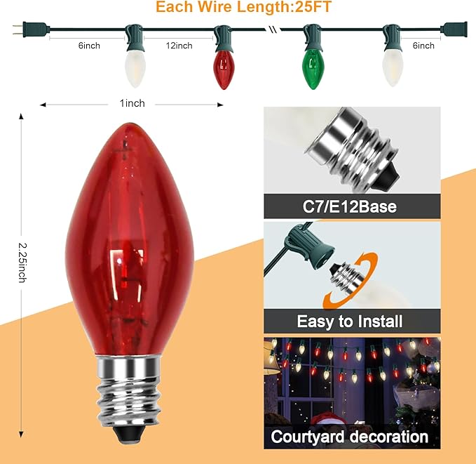 C7 LED Red White and Green Christmas Lights, 25Ft Outdoor Chritsmas String Lights Shatterproof with 27 LED Clear Multicolor Bulbs, Connectable Vintage Christmas Lights for Patio Garden Backyard Decor