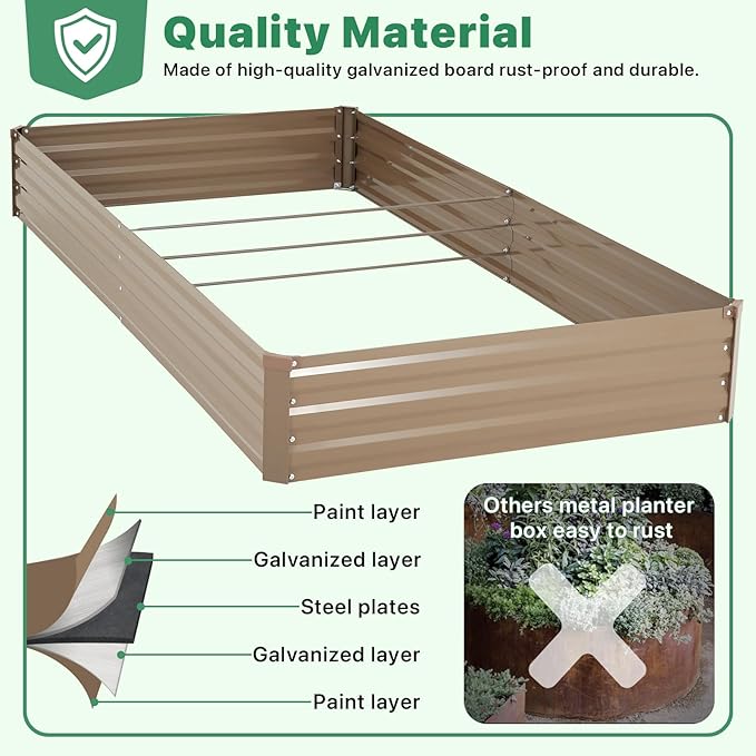 ONCEMORE Galvanized Raised Garden Bed for Vegetables Flowers Herbs, Metal Raised Garden Bed Kit with 2 PCS Tomato Cage, Gloves, Trellis Netting, Plant Labels, Plant Ties, Brown 8×4×1FT