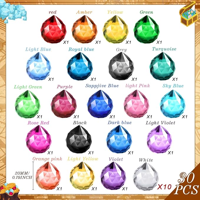 30 Pack Crystal Ball 20 mm Prism Suncatcher Sun Catchers Hanging Crystals Prisms for Windows Gift Feng Shui (Multicolor)