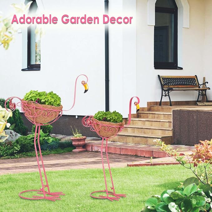 Set of 2 Pink Metal Flamingo Planters with Basket for Indoor Outdoor Garden Yard Decor