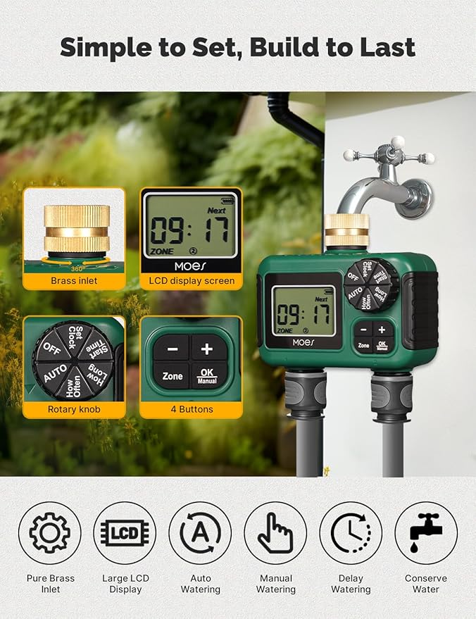 MOES 2 Outlet Sprinkler Timer, Brass Inlet, Programmable Automatic Irrigation Controller, Rain Delay, Manual Watering, 2 Zone Water Hose Timer for Gardens, Lawns, and Hose Systems