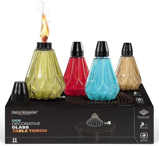 Deco Window Pack of 4 Table Torch for Indoor Outdoor Citronella Oil Tabletop Glass Lamp Landscape Multicolored Lantern with Fiberglass Wick & Cap for Garden Patio Yard Party Decor Light