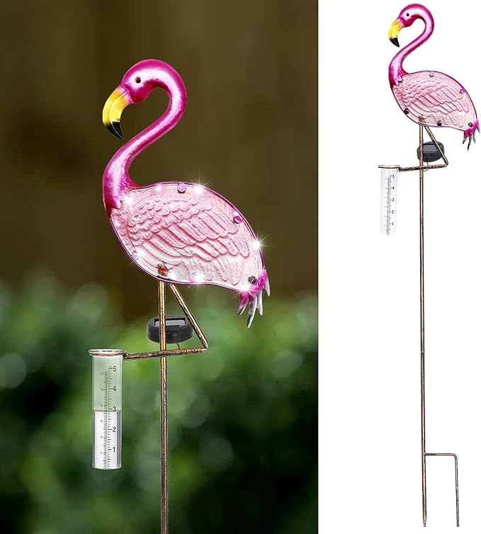 LEWIS&WAYNE 43’’ Solar Flamingo Rain Gauge Outdoor Decorative Metal Stake LED Lights with Glass Tube Solar Pathway Lights for Garden, Yard, Patio, Lawn Decor