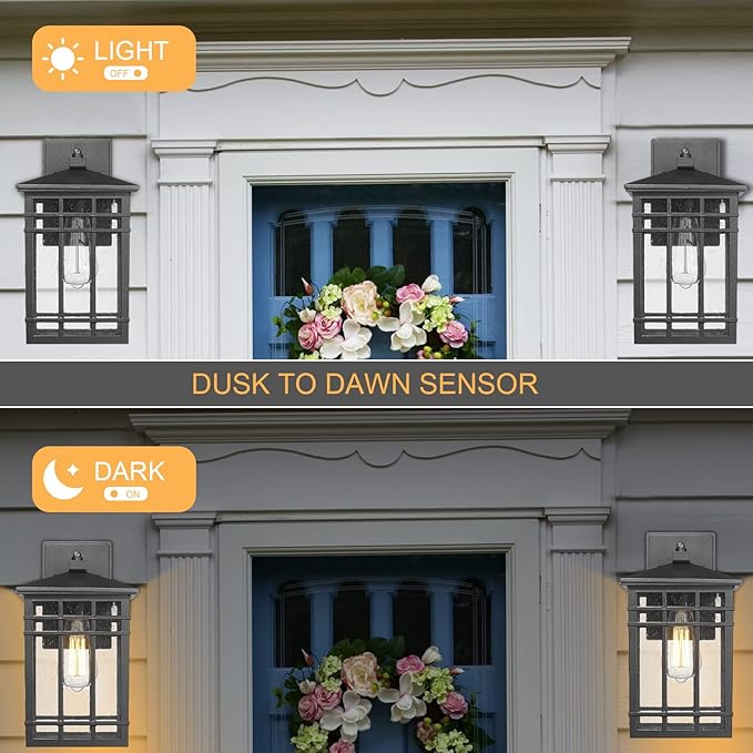 Dusk to Dawn Outdoor Wall Lantern,Exterior Wall Mount Light, 1-Light Outdoor Wall Lighting Fixture for Porch,Garage, Patio, Hallway and Entryway (Black-Wall Light, 1 Pack),DDAMS-W18