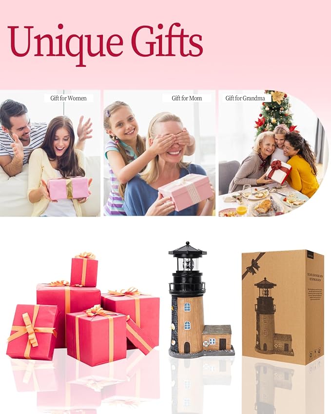 Solar Lighthouse with Rotating Beacon,11.1" Outdoor Garden Lighthouse Decor,Waterproof Statue Light House Lamp for Yard Lawn Patio Gifts