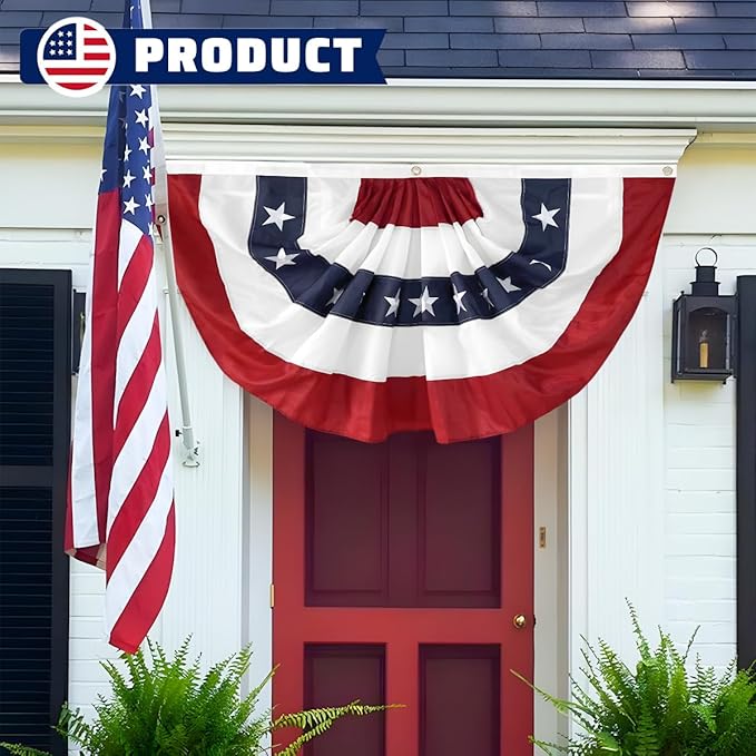 4Pack American Bunting Flags 2x4Ft USA Pleated Fan Flag 4th of July Patriotic Decorations Flag Embroidered Stars & Sewn Stripes Canvas Header Brass Grommets Decor Outside Porch Garden