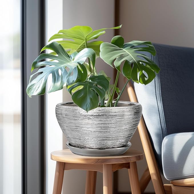 Flower Pot for Indoor Plants - Ceramic Planter 11 Inch Plant Pot with Drainage Hole and Saucer Large Decorative Planter Outdoor Mid-Century Planter for House Decor Silver