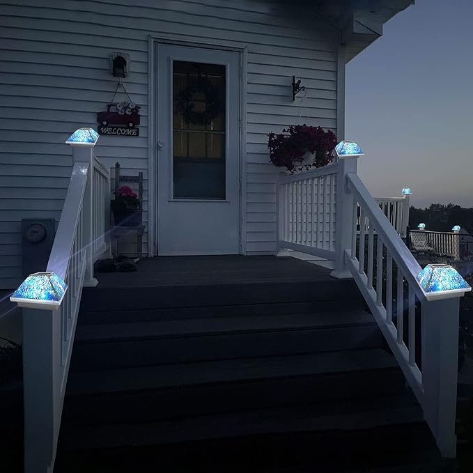 2PK Mosaic Solar Post Cap Lights Outdoor for 4x4, 3.5x3.5 Post Crackled Glass Deck Fence Lamp Weatherproof LED Light Decor in Garden, Yard, Outdoor Table, Balcony, Landscape- Cyan Blue