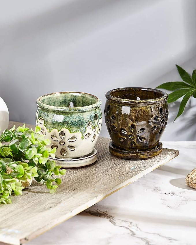 Vensovo 4 Inch Ceramic Orchid Pots with Holes and Saucers - 2 Pcs Small Succulent Pot for Repotting, Garden Flowerpots for Plants Indoor and Outdoor Promotes Air Circulation (Olive Green, Green Mixed)