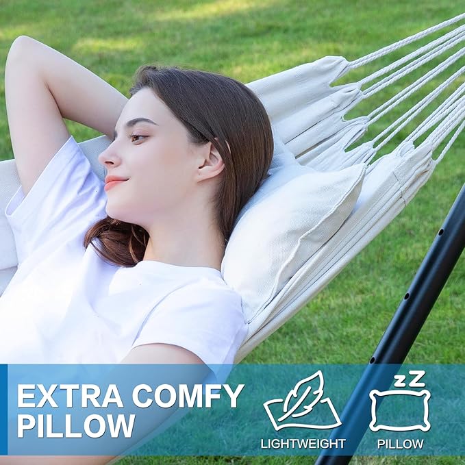 PNAEUT Double Hammocks with Stand for Outside, Portable Space Saving Heavy-Duty Steel Stand for Indoor Outdoor Patio with Carrying Bag, 450 lbs Capacity (Beige)