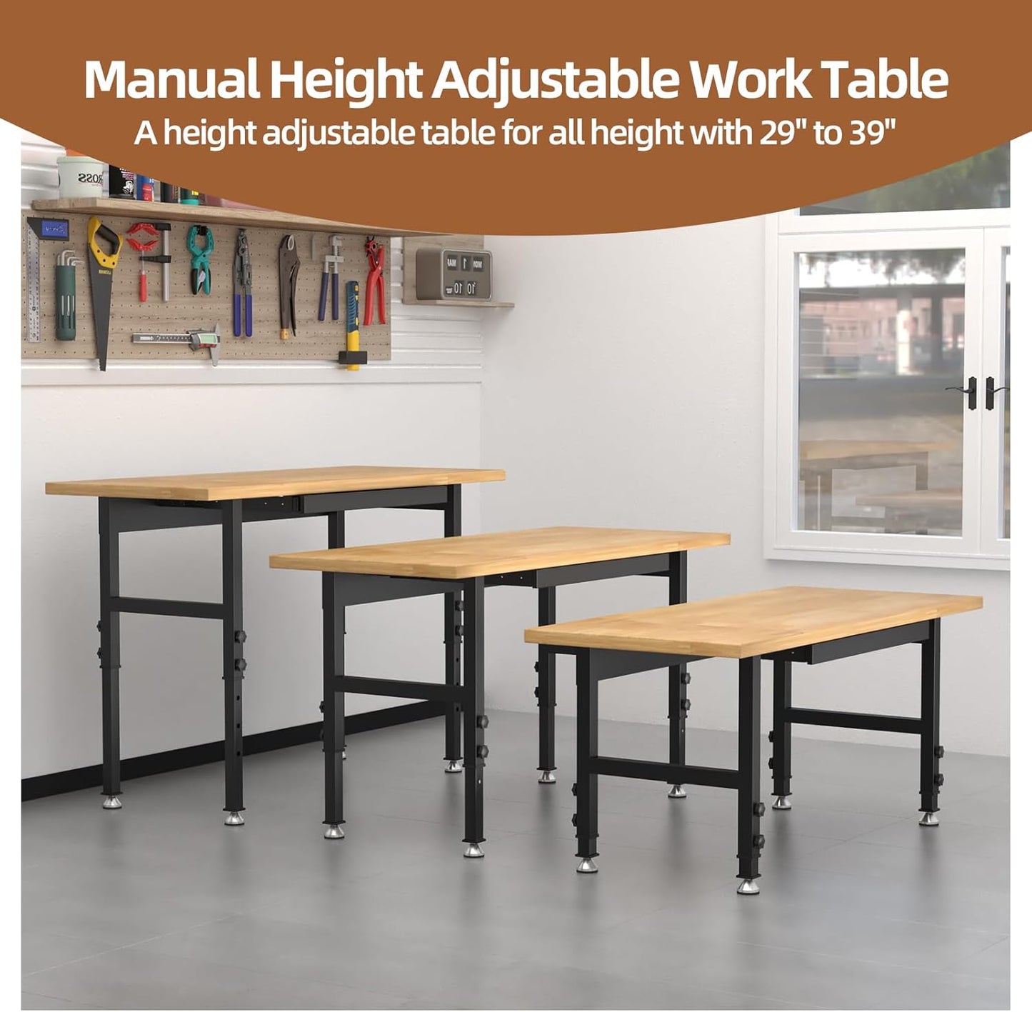 48” Chipboard Wood Work Bench Work Table, Mental Tool Heavy-Duty Adjustable Workbench, 3000 Lbs Capacity Tool Bench Workstation for Garage, Workshop