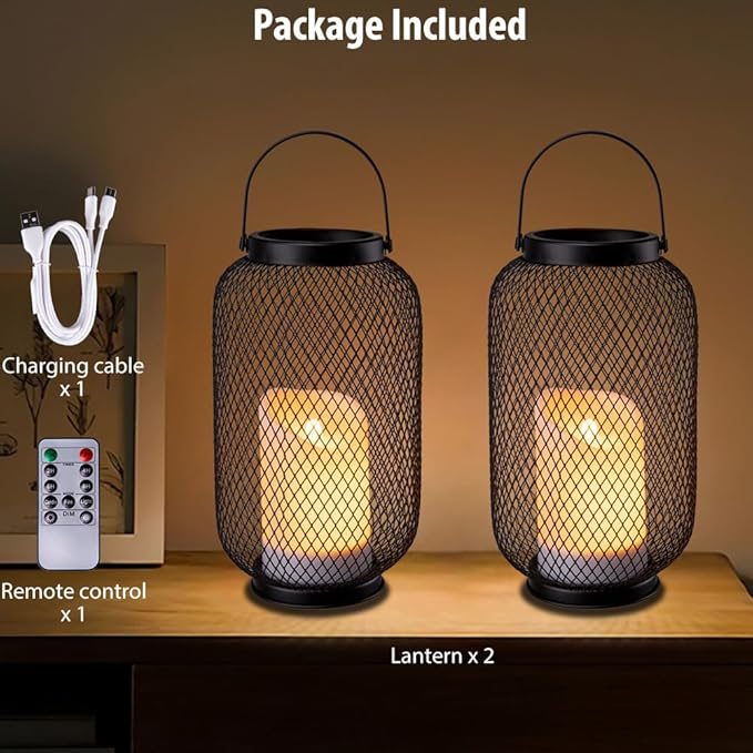 Solar Lanterns Outdoor Waterproof, Flickering Flameless Candle Hanging Lantern, Rechargeable Table Lantern for Patio with Timer Dimmer, Decorative Lamp for Outside Garden Porch or Indoor Decor-2Pack