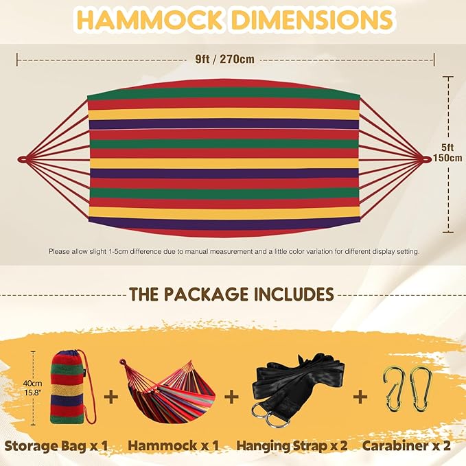 ANYOO Cotton Hammock Portable Camping Hammocks for Hanging Sturdy Garden Comfortable Fabric Hammock with Tree Straps Up to 660lbs with Travel Bag for Camping Outdoor/Indoor Patio Backyard