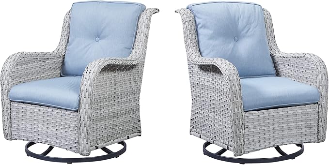 Outdoor Swivel Rcoker Patio Chairs - Outdoor Swivel Patio Chairs Set of 2 Wicker Chair Patio Furniture Sets with Covered Cushion for Porch Deck Balcony Garden, Baby Blue