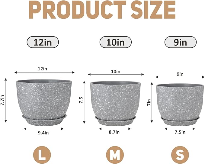 Plant Pots 12/10/9 inch Set of 3, Flower Pots with Multi Mesh Drainage Holes, Large Planters for Indoor Outdoor Garden Plants and Flowers. (Gray)