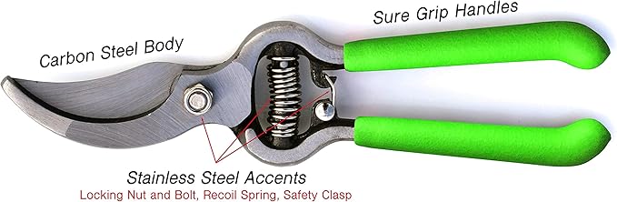 GARDEN GURU Classic Bypass Pruning Shears Clippers – Heavy Duty Forged Steel Garden Pruners – Safety Lock – Non Slip Comfort Grips – Cuts up to 1” Diameter – Professional Bypass Pruners for Gardening