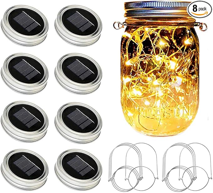 Solar Mason Jar Lights [Updated], 8 Pack 20 LED Waterproof Fairy Firefly Jar Lids String Lights with Hangers(NO JARS), Patio Yard Garden Wedding Decoration - Warm White