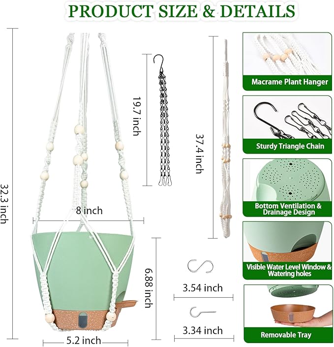 Hanging Planter for Indoor Plants 8 Inch, 2 Pack Self Watering Hanging Baskets for Plants, Hanging Flower Pots with Drainage Hole & 2 Kinds of Plant Hangers for Garden Home Decor (Green, 8 inch)
