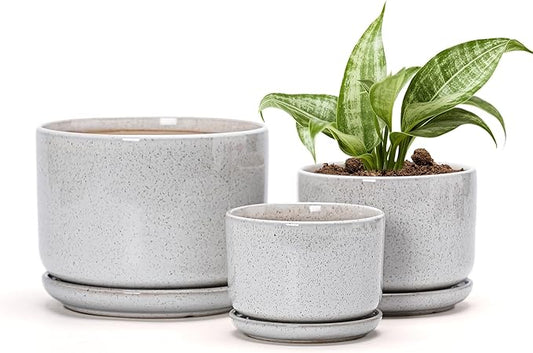 Ton Sin Plant Pots, 4.1+5.1+6.5 inch, Set of 3, Ceramic Planters with Drainage Hole and Saucer, Indoor Flower Pot with Hole Mesh Pad, Gifts for Mom(Reactive Glaze White)