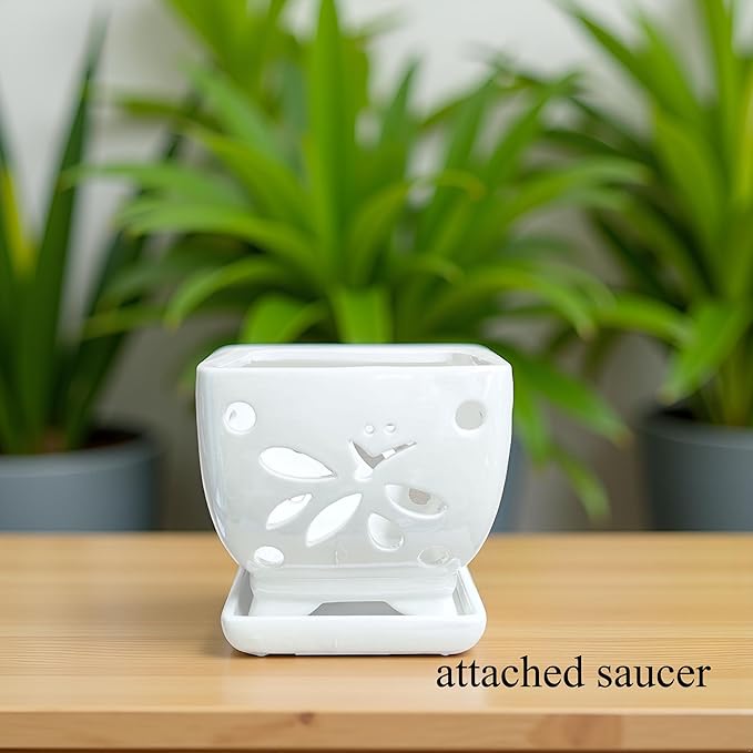 Orchid Pots with Holes Square Ceramic Orchid Planter Pots 5.5 inch (White)