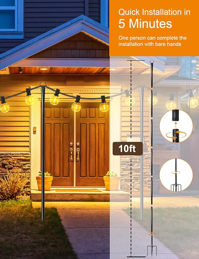 6 Pack String Light Poles for Outside, Thickened Metal Lights Hanger Pole Outdoor with Fork, Lighting Hanging Post Accessories for Patio Decor Garden Backyard Yard Front Porch Outside Decorations