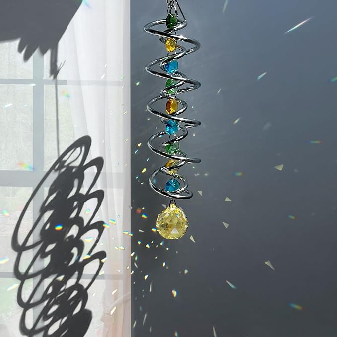 FONMY Gazing Ball Spiral Tail -Decorative Wind Spinner Sun Catcher Rainbow Maker Double-Spiral W/Golden Crystal Ball and Chain Crystals for Indoor Outdoor Garden Decoration -14 inch Height