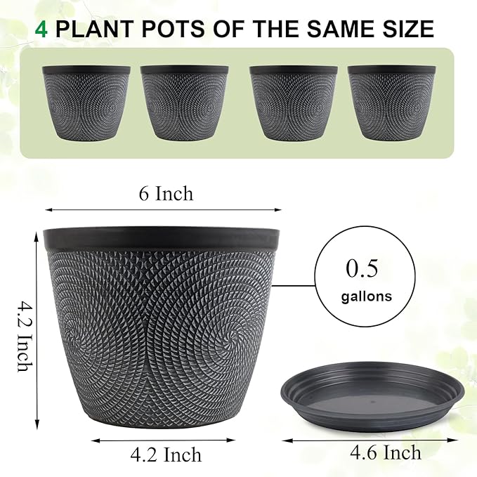 Quarut 4 Pack 6 Inch Flower Pots Planters for Outdoor Indoor, Plastic Plant Pots with Drainage Hole & Tray, Modern Decorative Garden Pot with Saucer, planters for House (Gray)