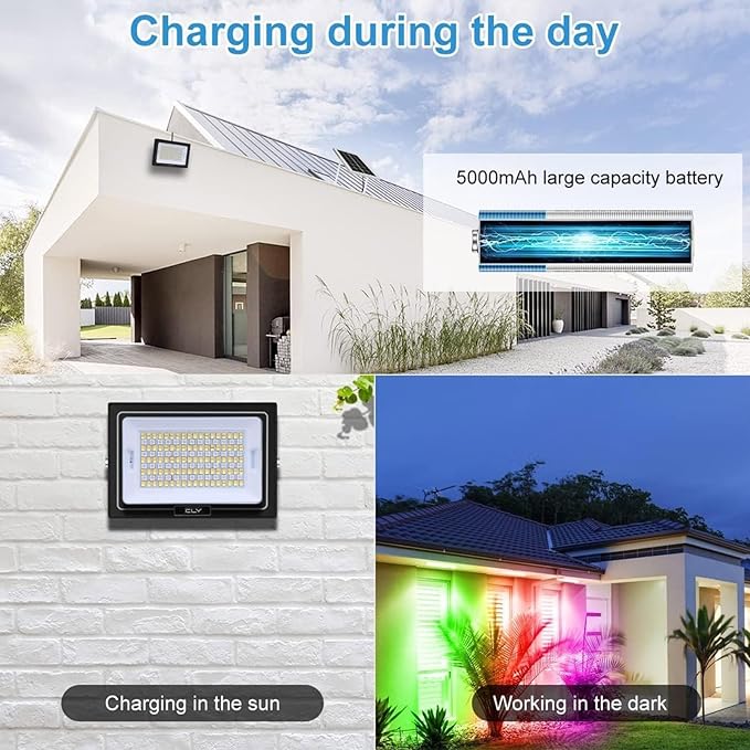 CLY Solar LED Flood Light Outdoor RGBCW Color Changing Floodlight with RF Remote, RGB 2700K 6500K Dimmable,16.4ft Cable IP66 Waterproof Solar Powered Security Light for Garden Tree Christmas Party