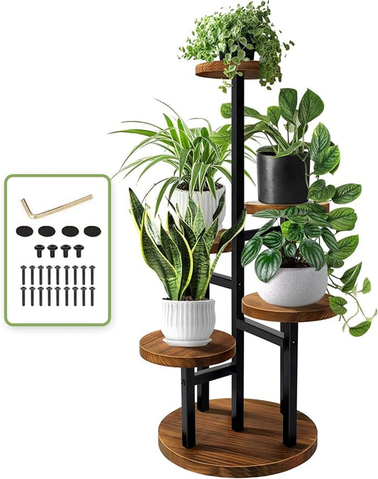 AUGOSTA 5 Tier Plant Stand, Tall Metal Wood Shelf Holder for Indoor Plants, Outdoor Garden Plant Display Rack Flower Pot Stand for Corner Living Room Balcony Garden Patio