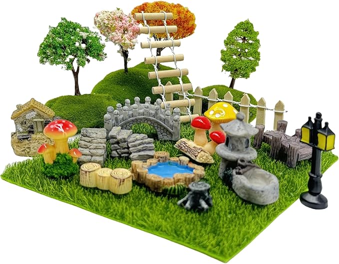 23 Pcs Fairy Garden Miniatures Jumping Spider Enclosure Accessories, Mini Bridge Fence Pond Street Lamps Mushroom Lawn Figurines Garden Decorations for Jumping Spider Habitat